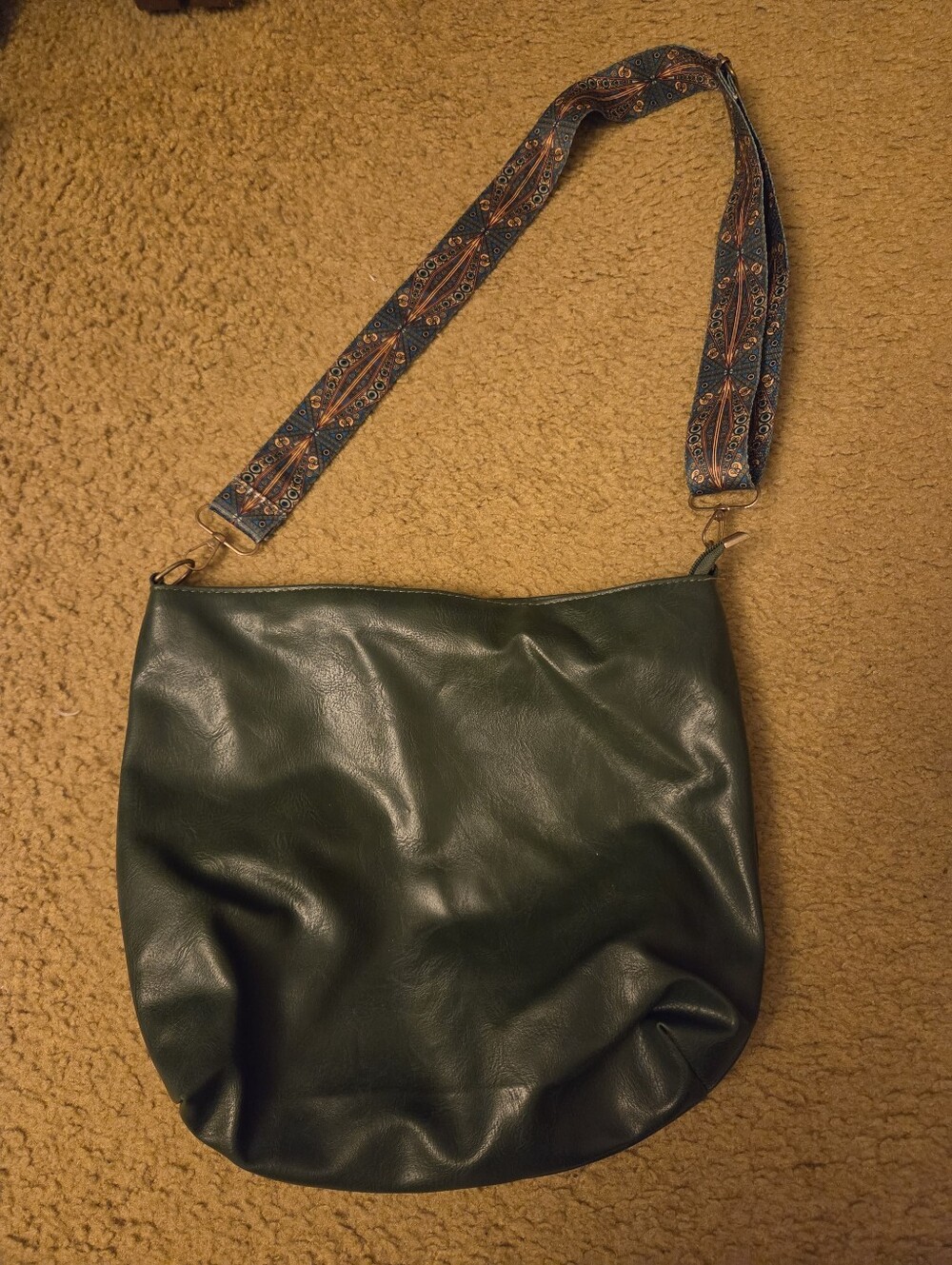 Dark Green Shoulder Bag with Patterned Removable Strap